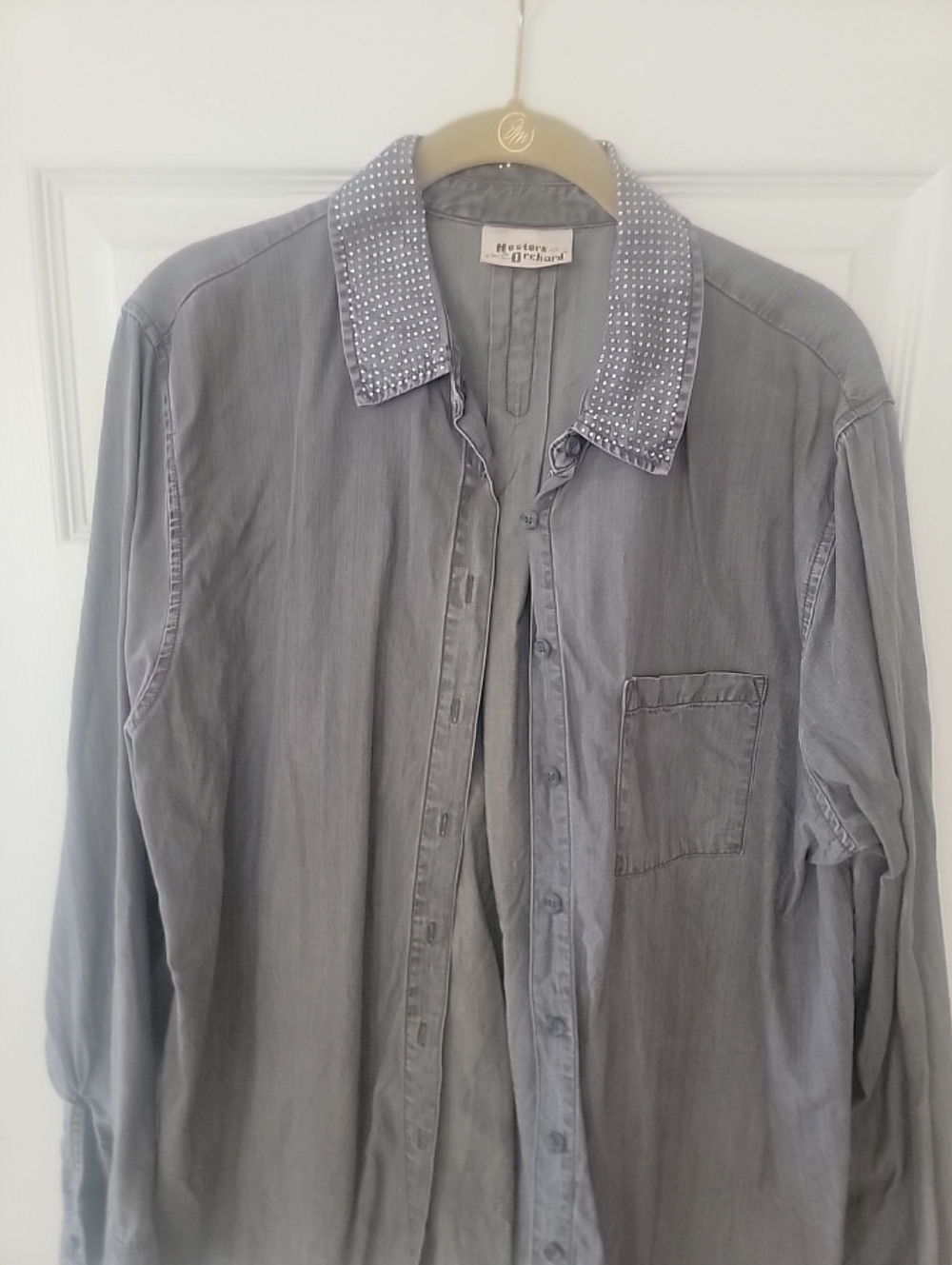 Hester Orchard Button Down Blue Shirt With Rhinestones On Collar